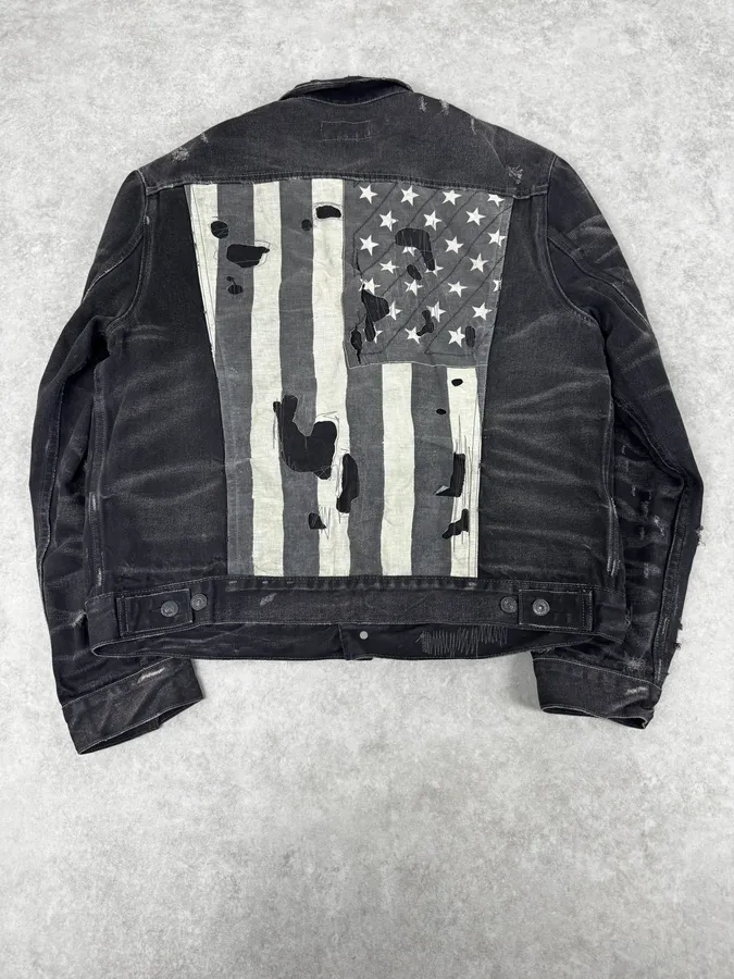2010s Ralph Lauren Black Distressed USA Flag Denim Jacket - Image 2