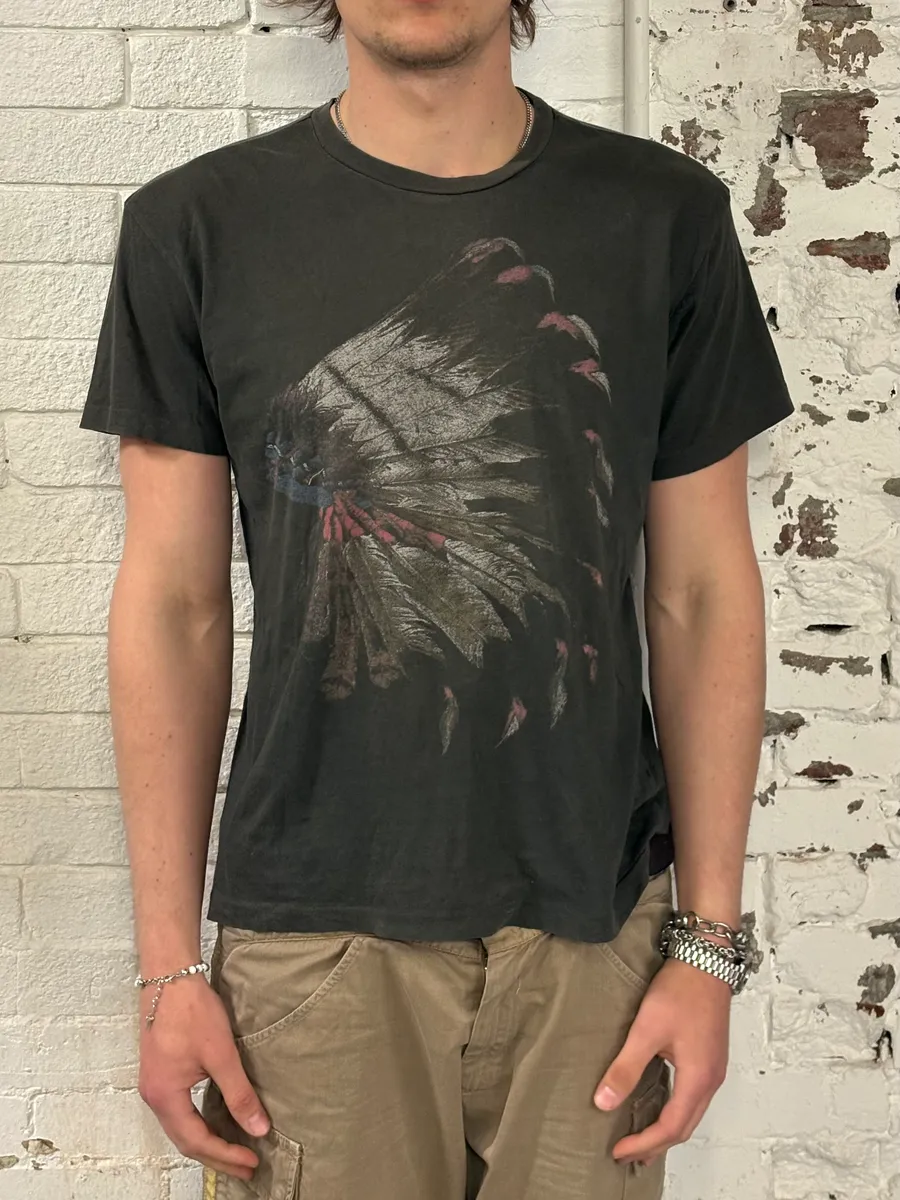 2010s Ralph Lauren Black Faded Native American Headdress T-Shirt - Image 2