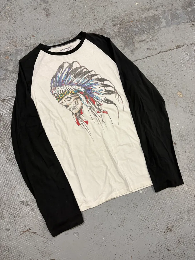 2010s Ralph Lauren Black & White Indian Chief Skull Raglan Longsleeve T-Shirt - Image 4