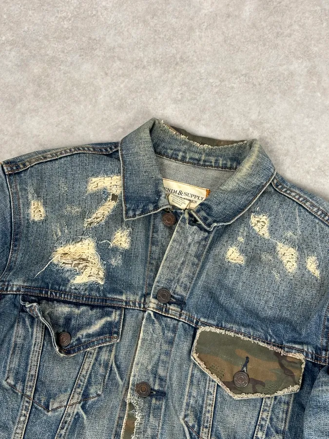 2010s Ralph Lauren Blue Camo Distressed Denim Jacket - Image 5