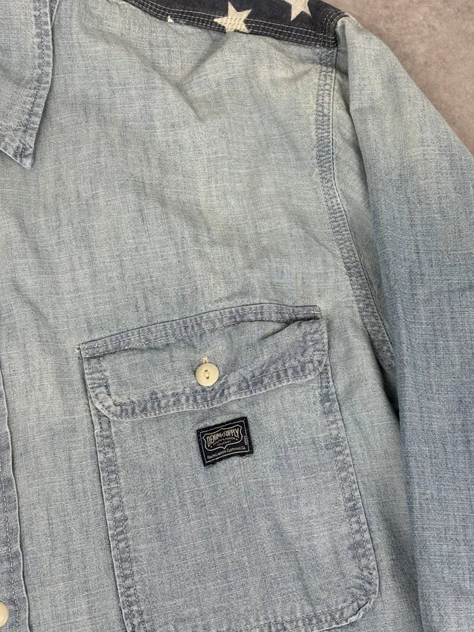 2010s Ralph Lauren Blue Denim Distressed USA Flag Shirt - Image 8