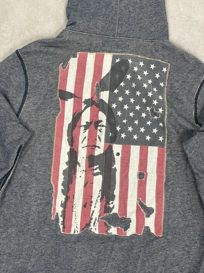 2010s Ralph Lauren Blue Distressed USA Flag Zip-up Hoodie - Image 7