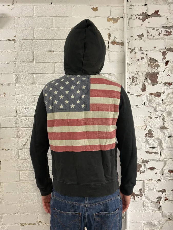2010s Ralph Lauren Dark Green American Flag Zip-up Hoodie - Image 4