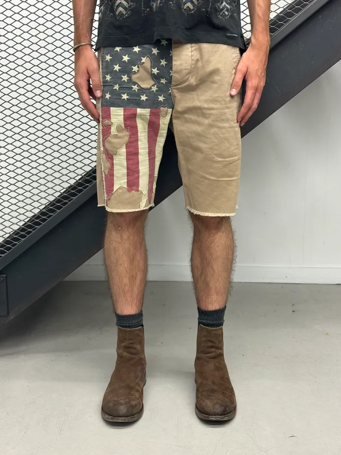 2010s Ralph Lauren Denim & Supply American Flag Distressed Beige Shorts