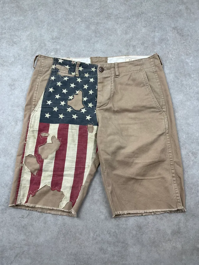 2010s Ralph Lauren Denim & Supply American Flag Distressed Beige Shorts - Image 4