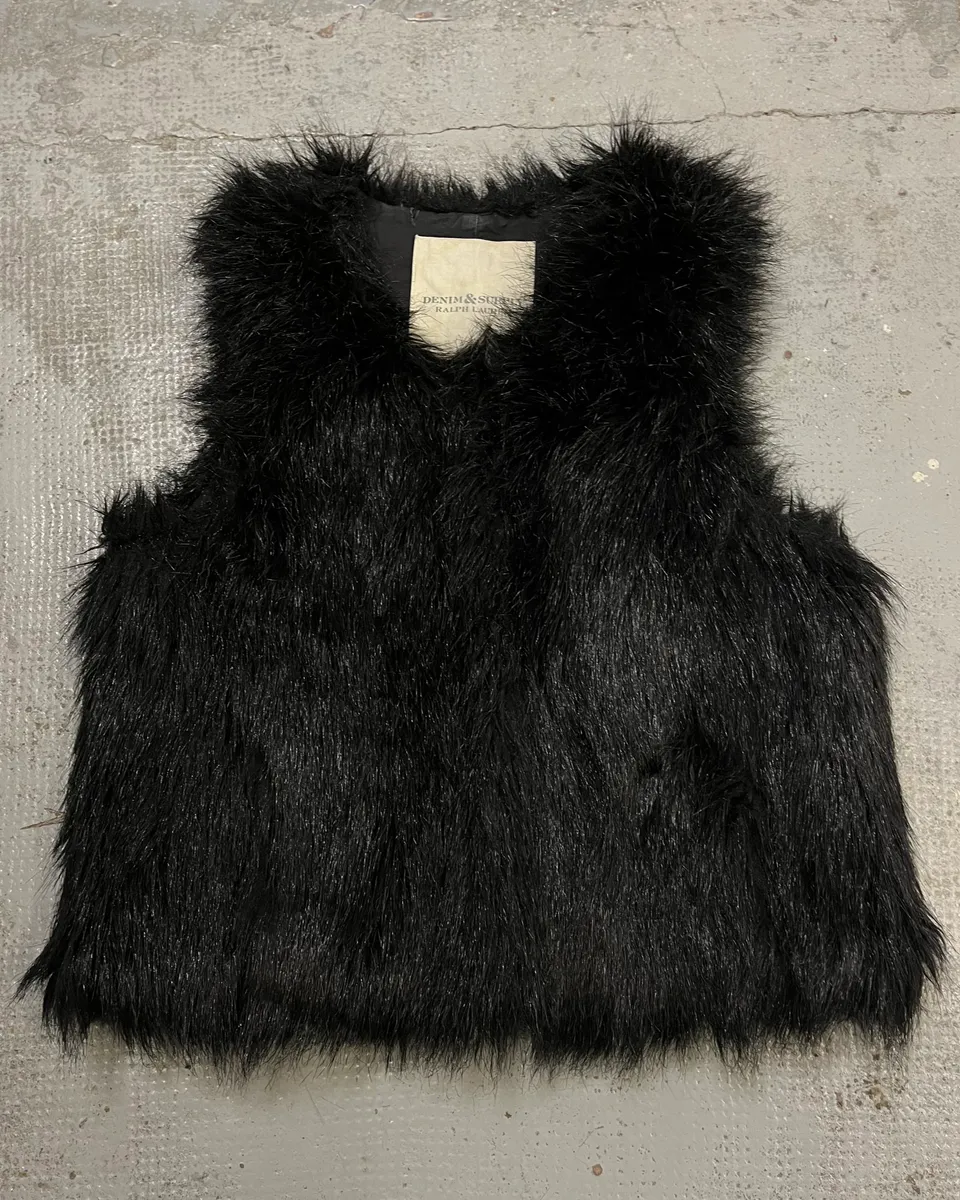 2010s Ralph Lauren Denim & Supply Black Faux Fur Fluffy Vest