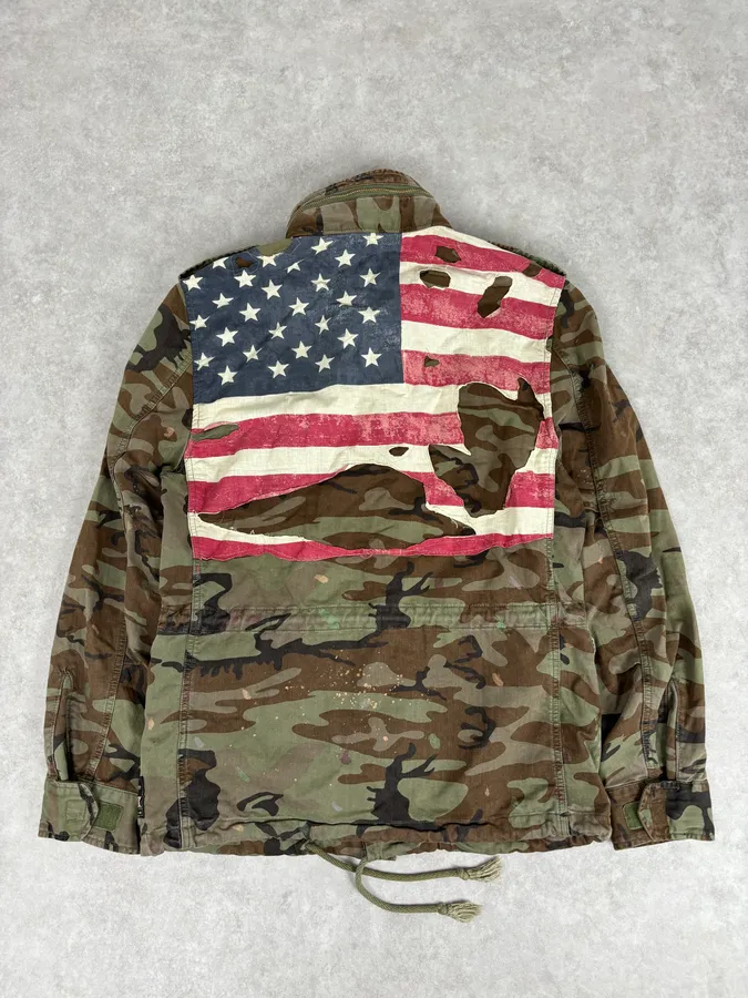 2010s Ralph Lauren Denim Supply USA Flag Distressed Camo Green Jacket - Image 5