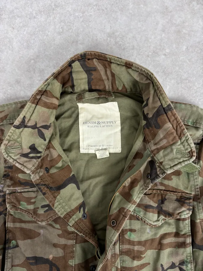 2010s Ralph Lauren Denim Supply USA Flag Distressed Camo Green Jacket - Image 8