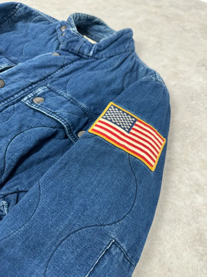 2010s Ralph Lauren Denim USA Flag Blue Aviator Denim Jacket - Image 6