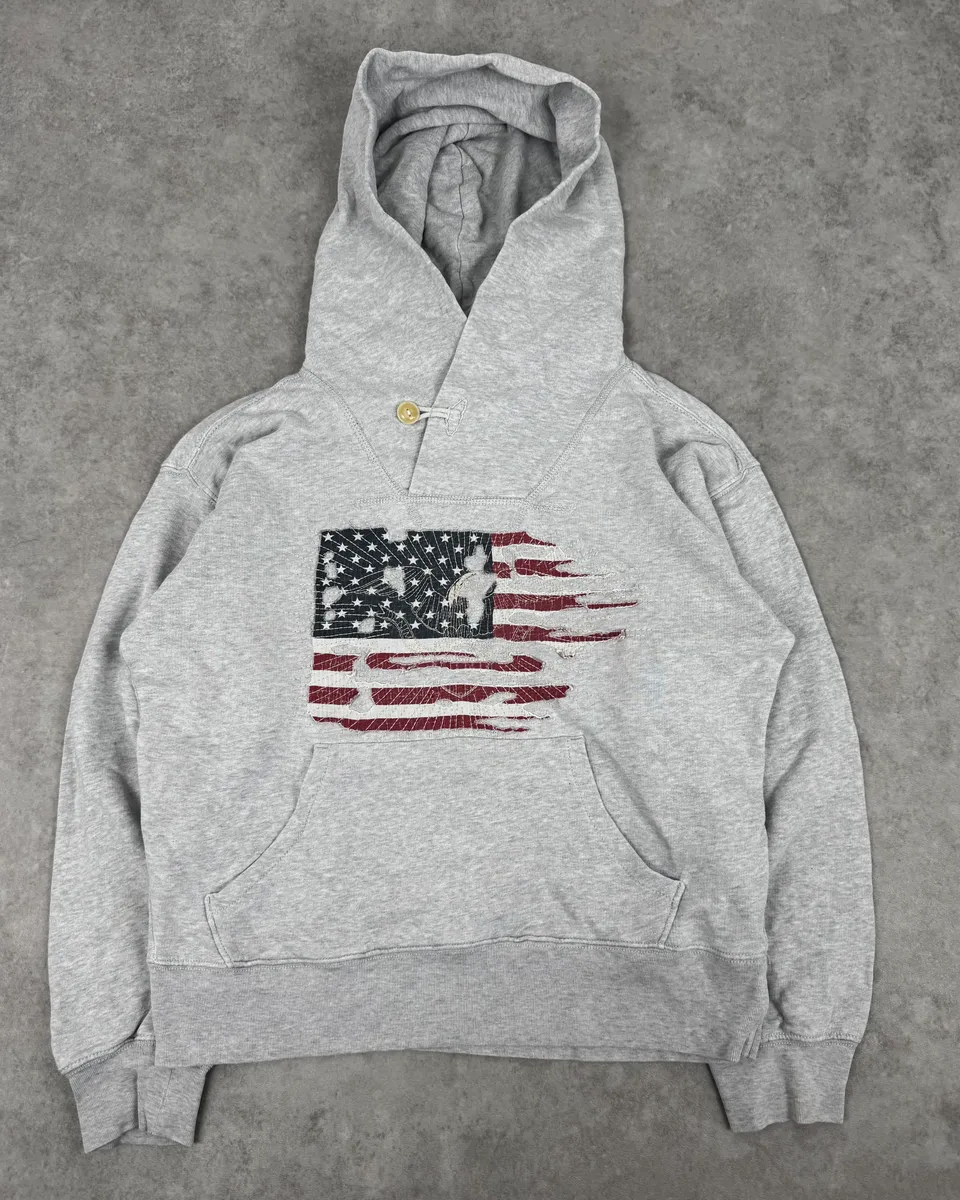 2010s Ralph Lauren Grey Distressed USA Flag Hoodie