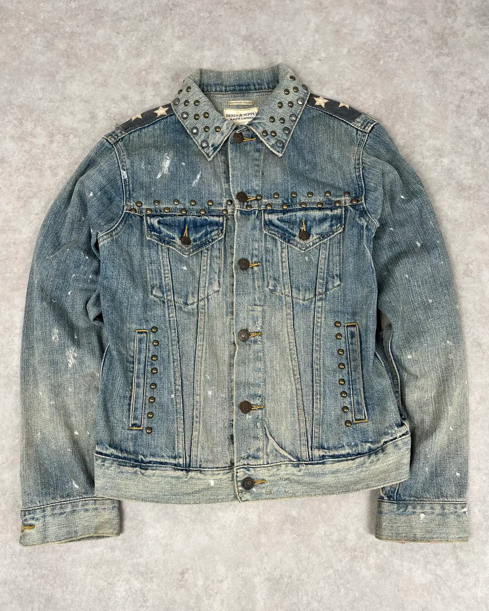 2010s Ralph Lauren Light Blue Studded USA Flag Denim Jacket - Image 2