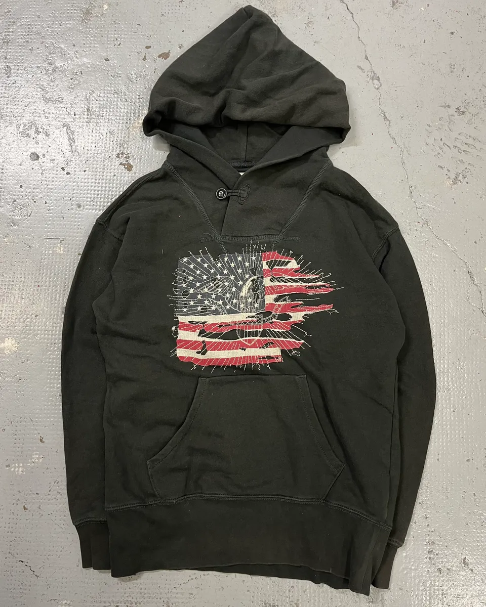2010s Ralph Lauren Olive Distressed American Flag Hoodie - Image 4