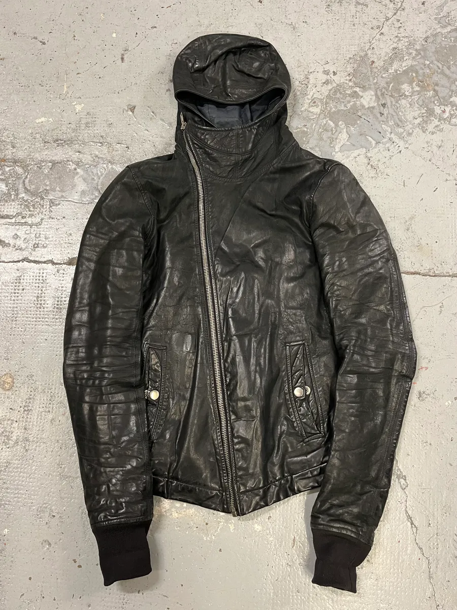 2010s Rick Owens Scuba Black Leather Asymmetrical Jacket