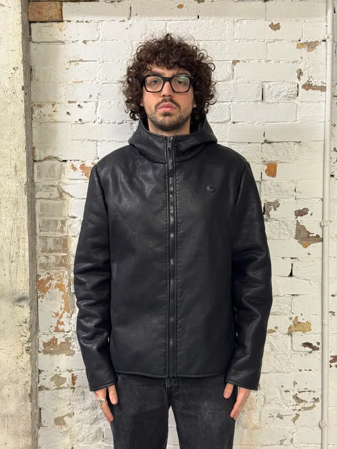 2010s Roberto Cavalli Black Leather Hooded Jacket - Image 2