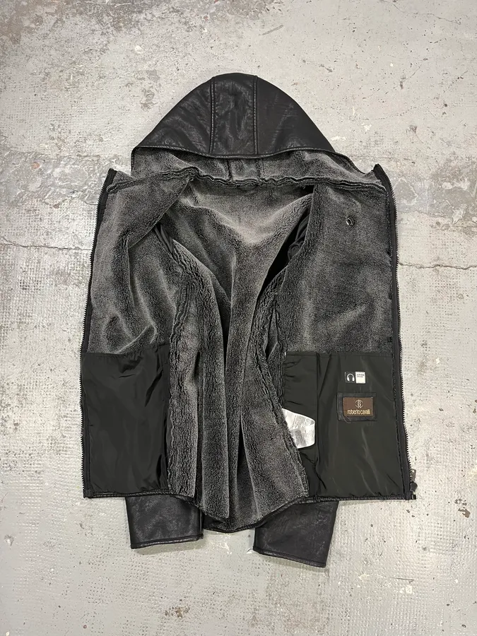2010s Roberto Cavalli Black Leather Hooded Jacket - Image 9