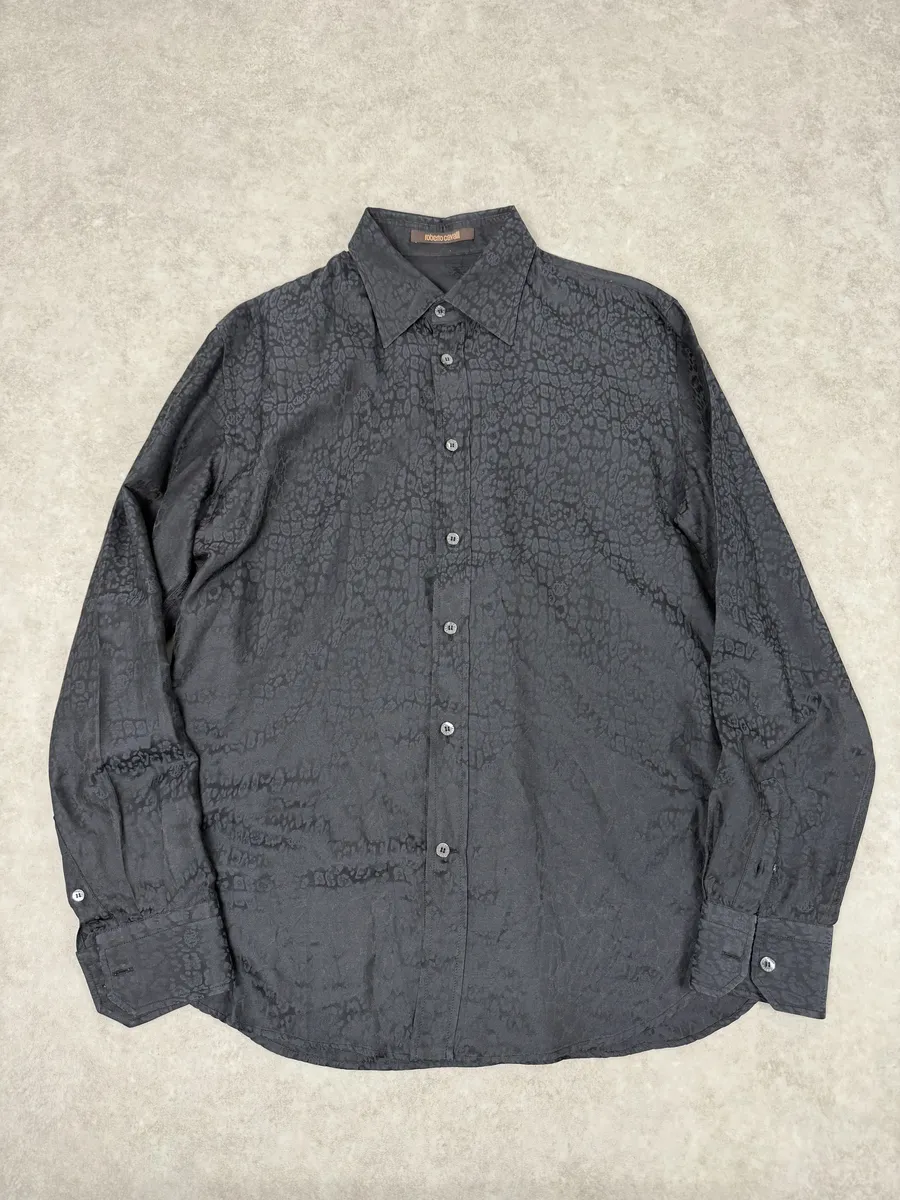 2010s Roberto Cavalli Black & Navy Leopard Print Mafia Shirt