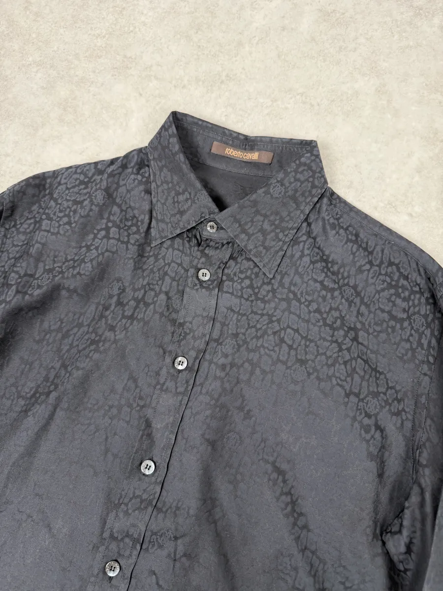 2010s Roberto Cavalli Black & Navy Leopard Print Mafia Shirt - Image 11