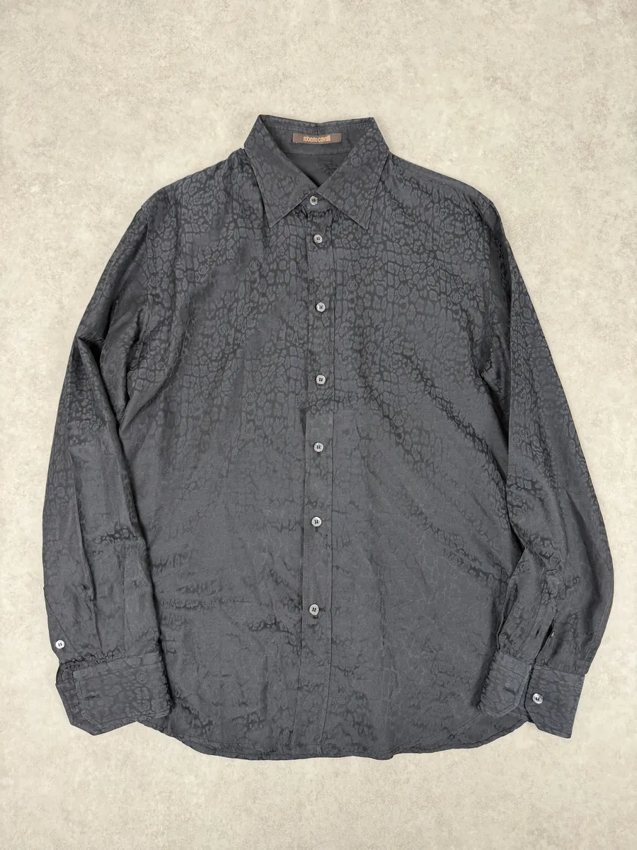 2010s Roberto Cavalli Black & Navy Leopard Print Mafia Shirt - Image 2