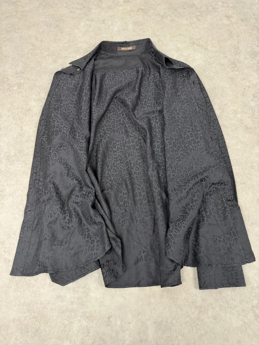 2010s Roberto Cavalli Black & Navy Leopard Print Mafia Shirt - Image 6