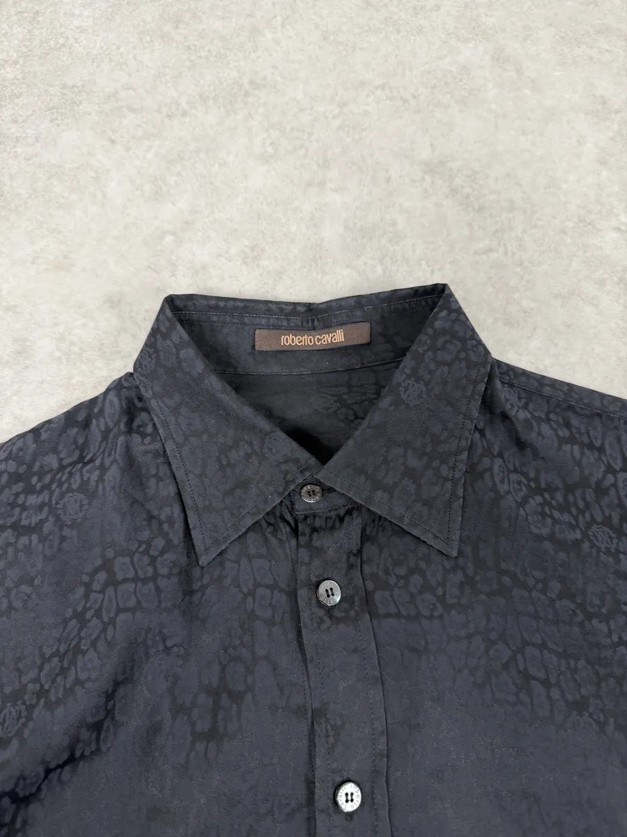 2010s Roberto Cavalli Black & Navy Leopard Print Mafia Shirt - Image 8