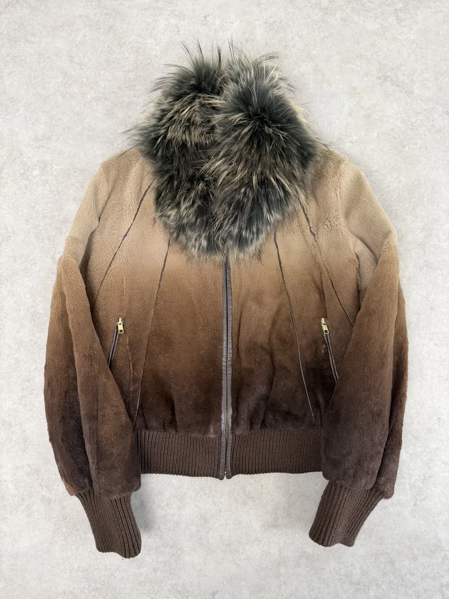 2010s Roberto Cavalli Gradient Leather Bomber Jacket with Faux Fur Collar