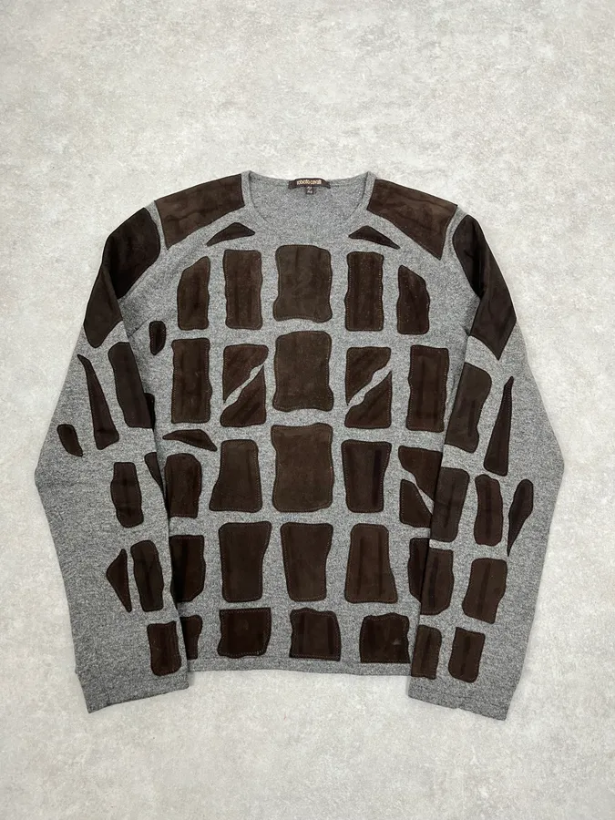 2010s Roberto Cavalli Grey & Brown Skeleton Relief Sweater - Image 4