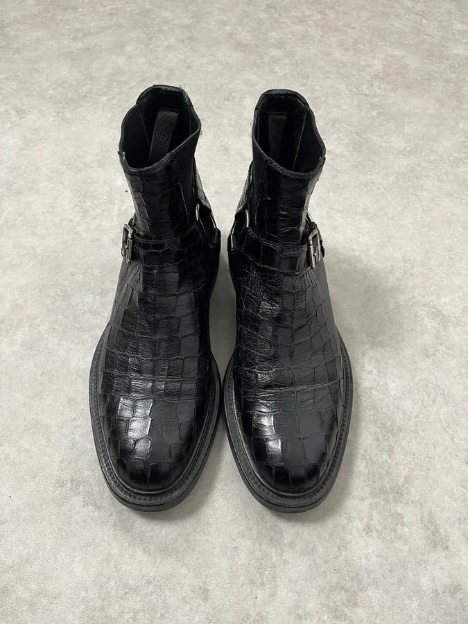 2010s Saint Laurent Black Crocodile Effect Leather Boots - Image 2