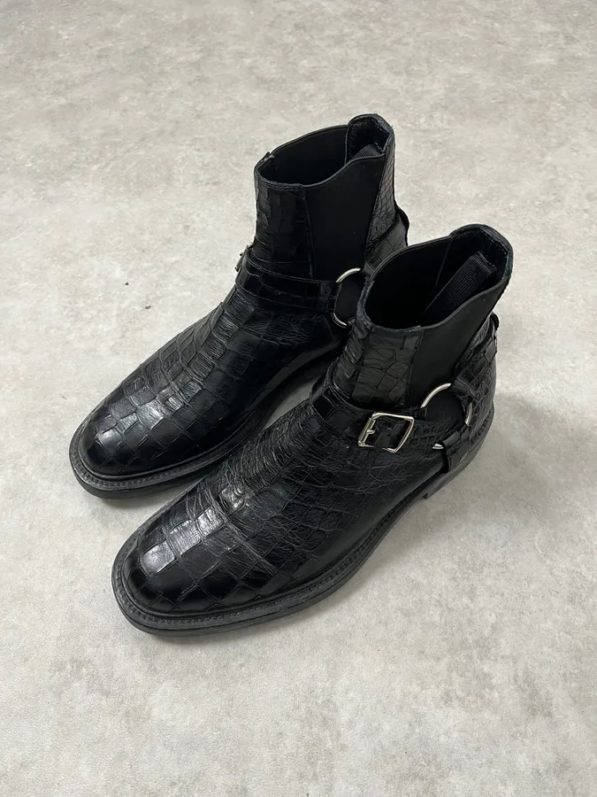 2010s Saint Laurent Black Crocodile Effect Leather Boots - Image 6