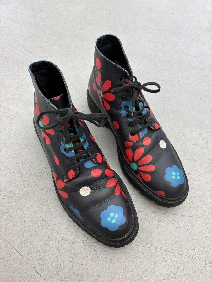 2010s Saint Laurent Black Floral Leather Combat Boots - Image 4