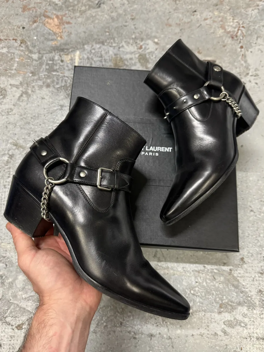 2010s Saint Laurent Black Leather Buckle Rocker Boots
