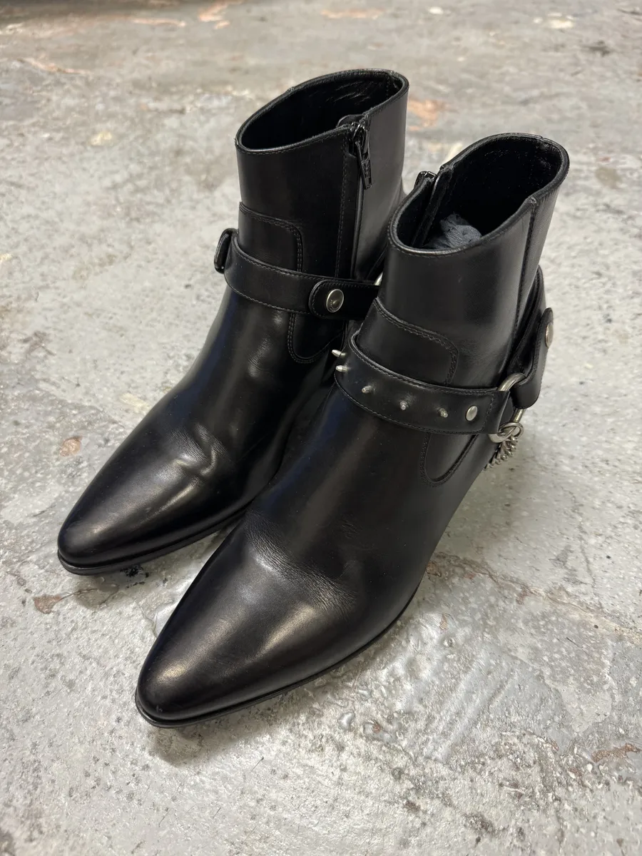 2010s Saint Laurent Black Leather Buckle Rocker Boots - Image 10