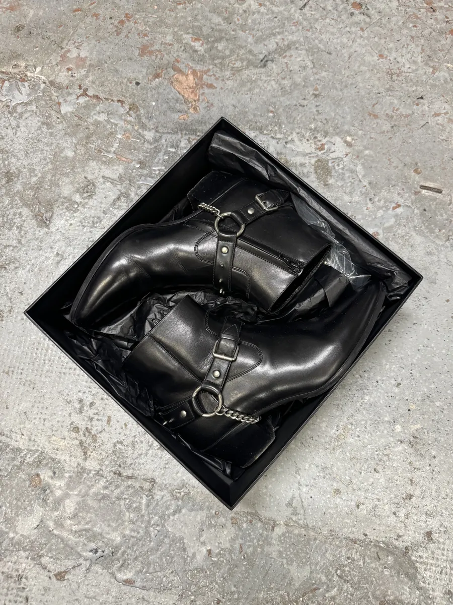 2010s Saint Laurent Black Leather Buckle Rocker Boots - Image 11