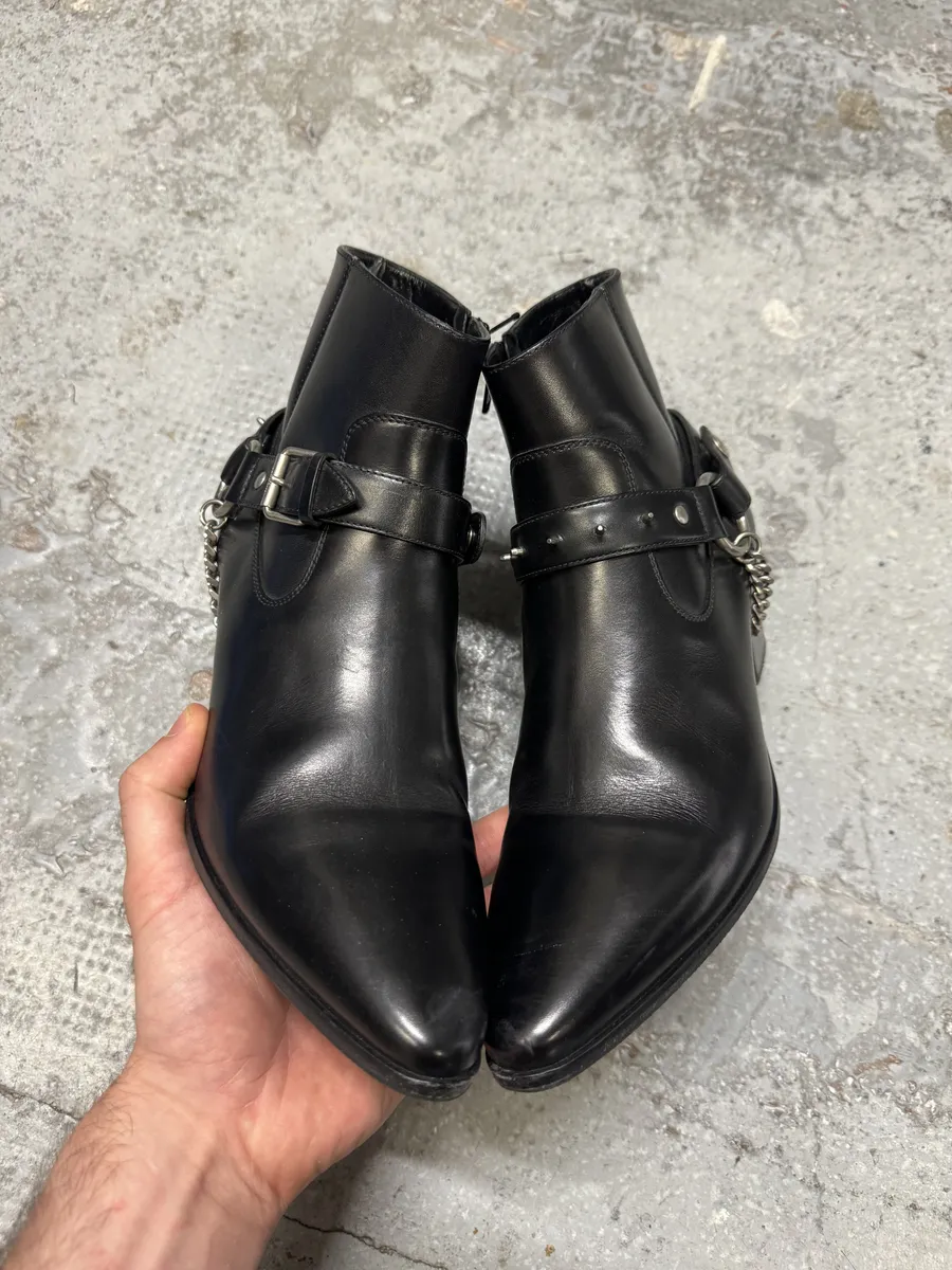 2010s Saint Laurent Black Leather Buckle Rocker Boots - Image 3