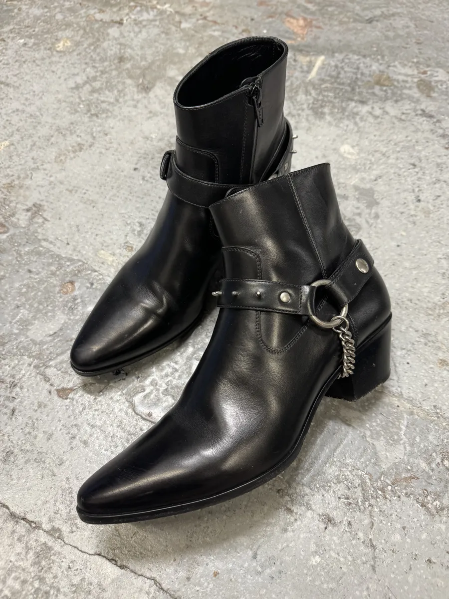 2010s Saint Laurent Black Leather Buckle Rocker Boots - Image 4