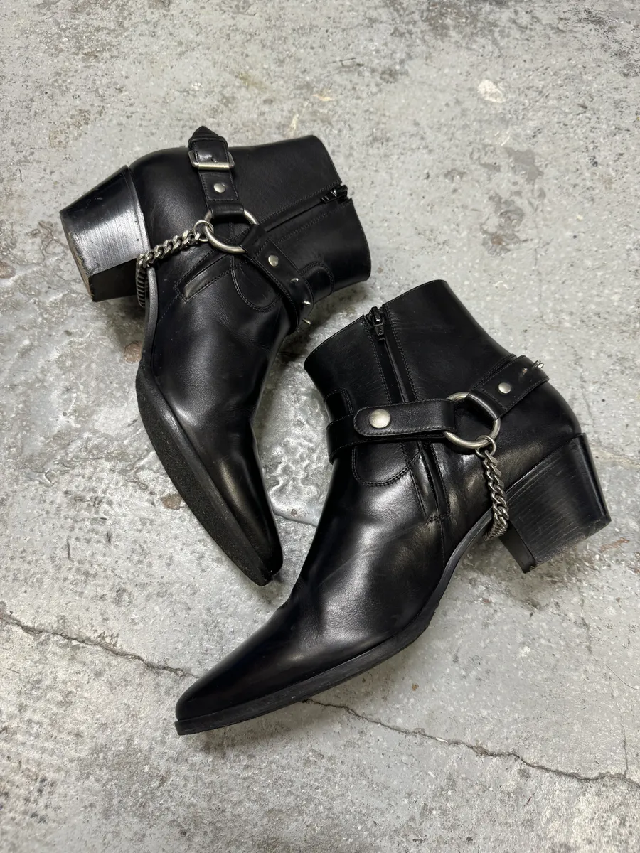 2010s Saint Laurent Black Leather Buckle Rocker Boots - Image 5
