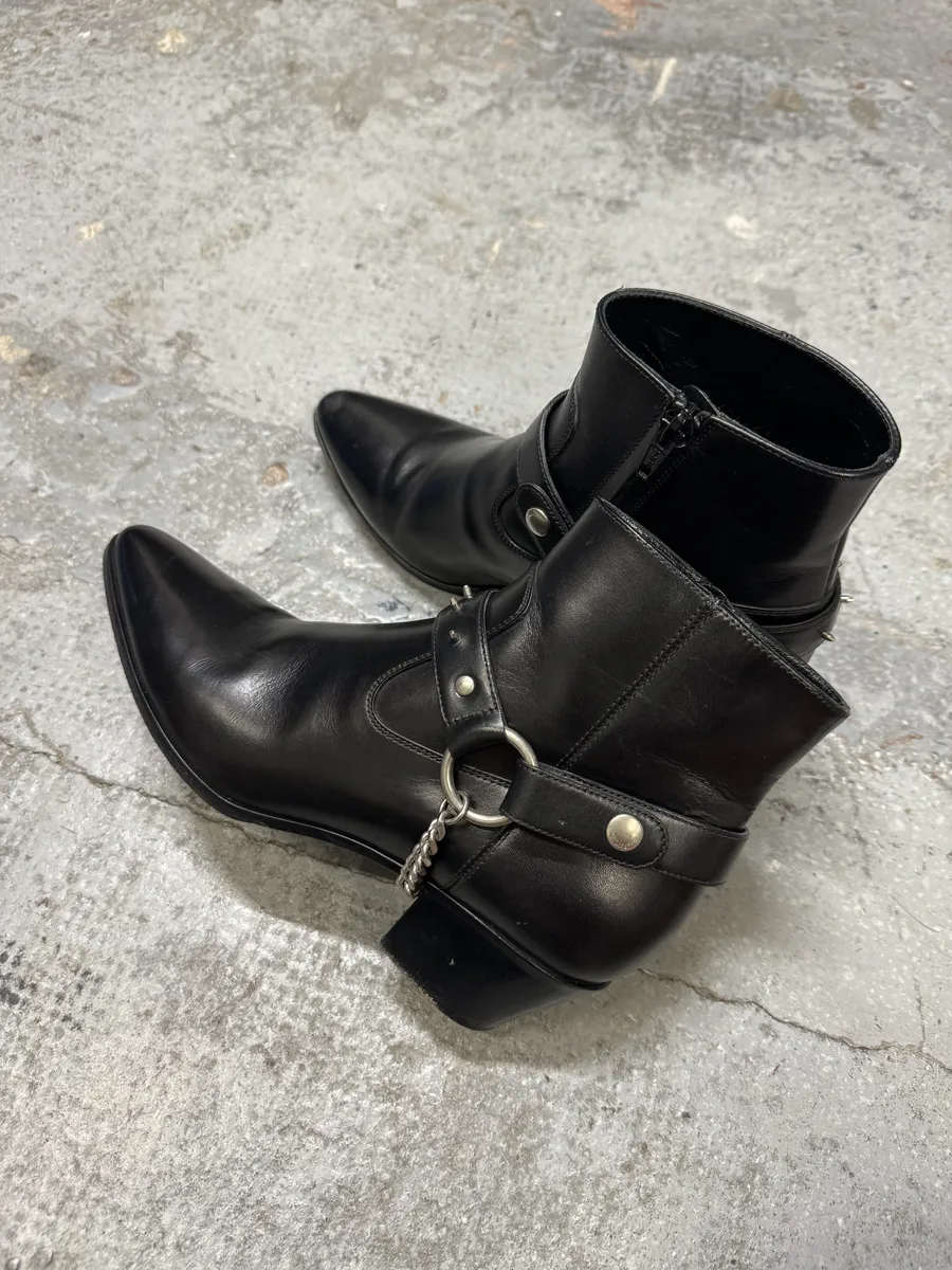 2010s Saint Laurent Black Leather Buckle Rocker Boots - Image 7