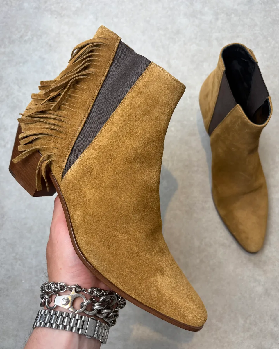 2010s Saint Laurent Taupe Suede Fringe Boots by Hedi Slimane