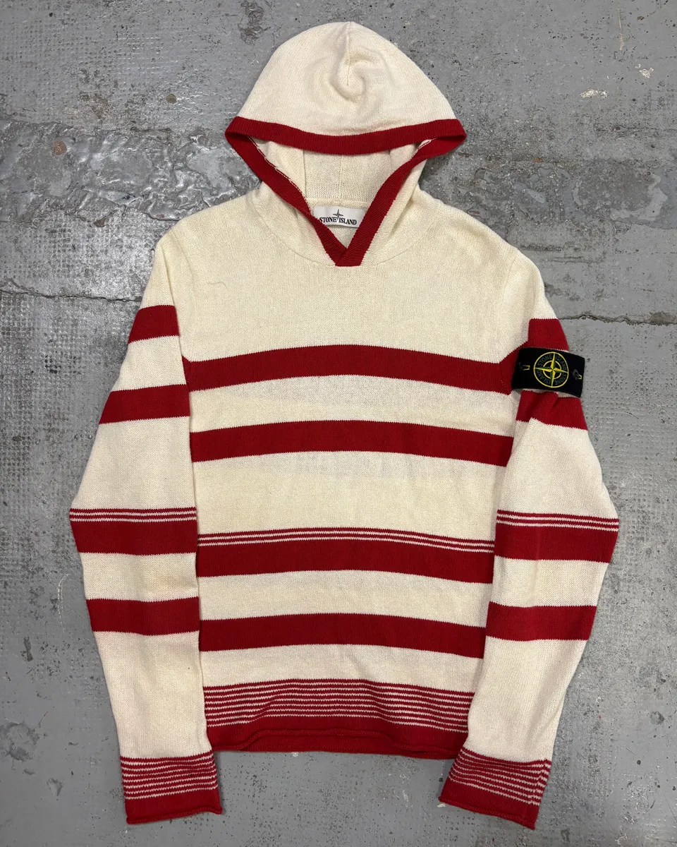 2010s Stone Island Cream Red Striped Wool Compass Patch Hoodie