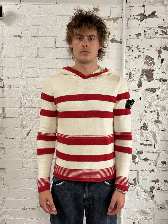 2010s Stone Island Cream Red Striped Wool Compass Patch Hoodie - Image 2