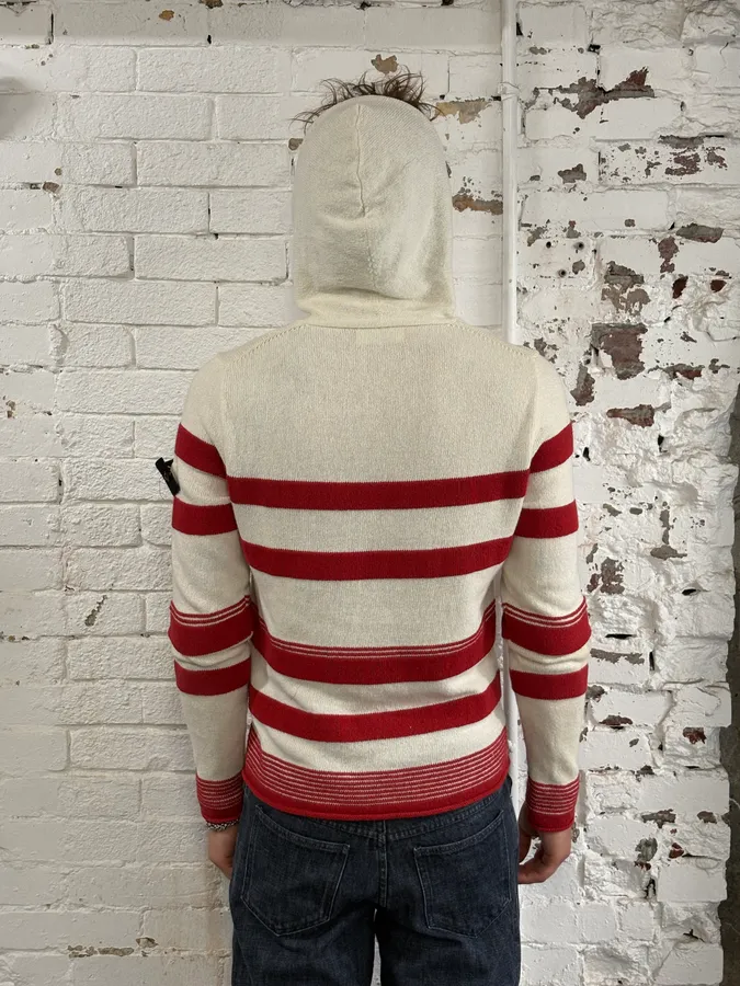 2010s Stone Island Cream Red Striped Wool Compass Patch Hoodie - Image 4