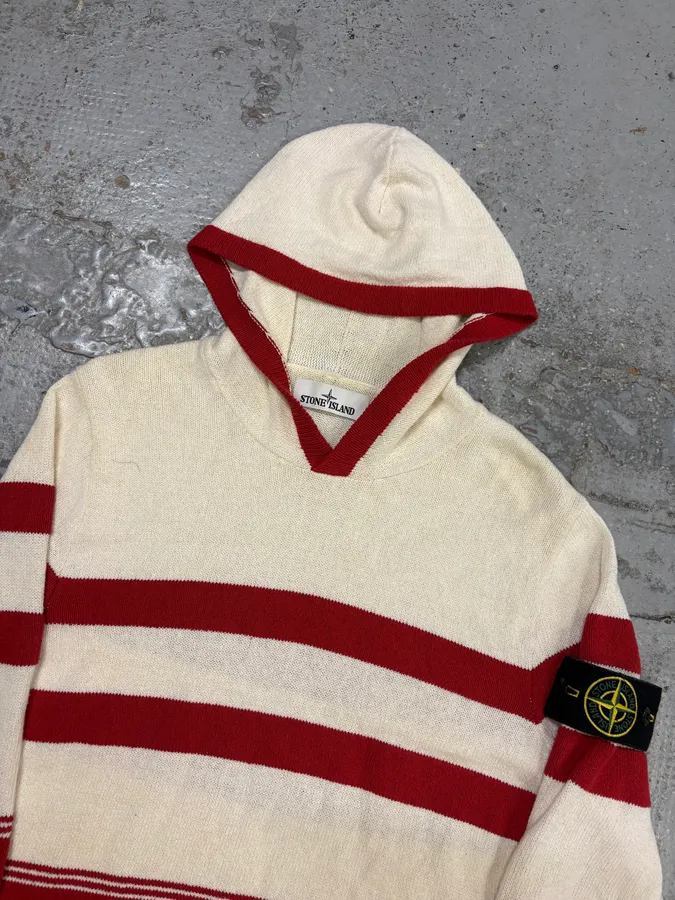2010s Stone Island Cream Red Striped Wool Compass Patch Hoodie - Image 5