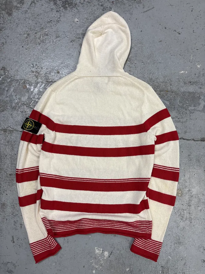 2010s Stone Island Cream Red Striped Wool Compass Patch Hoodie - Image 6
