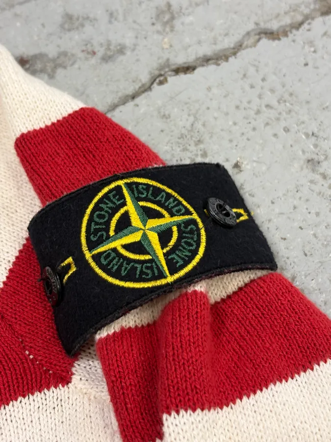 2010s Stone Island Cream Red Striped Wool Compass Patch Hoodie - Image 8