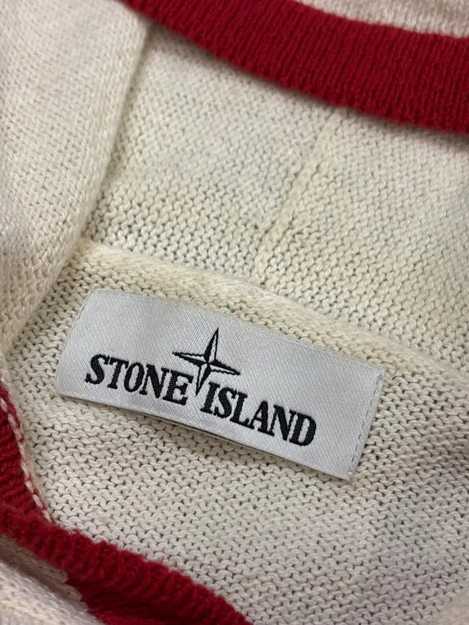 2010s Stone Island Cream Red Striped Wool Compass Patch Hoodie - Image 9