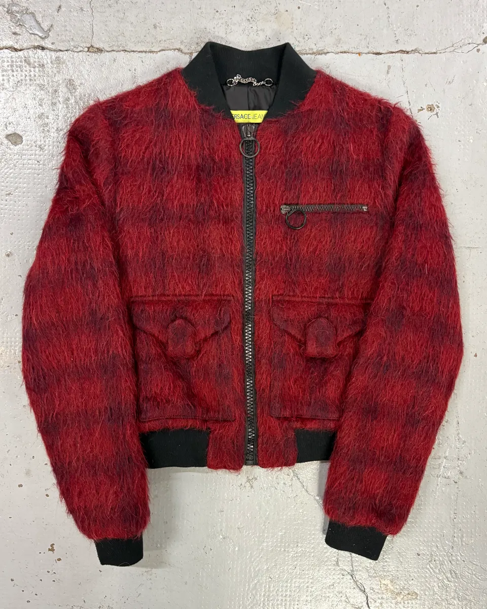 2010s Versace Red & Black Squared Plushed Bomber Jacket