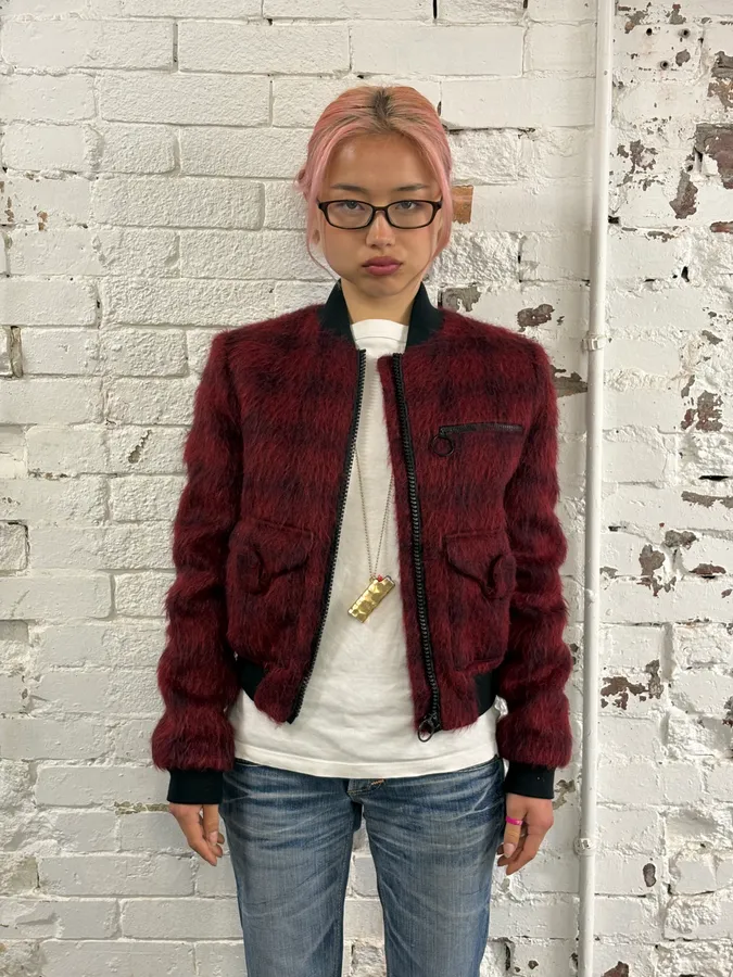 2010s Versace Red & Black Squared Plushed Bomber Jacket - Image 2
