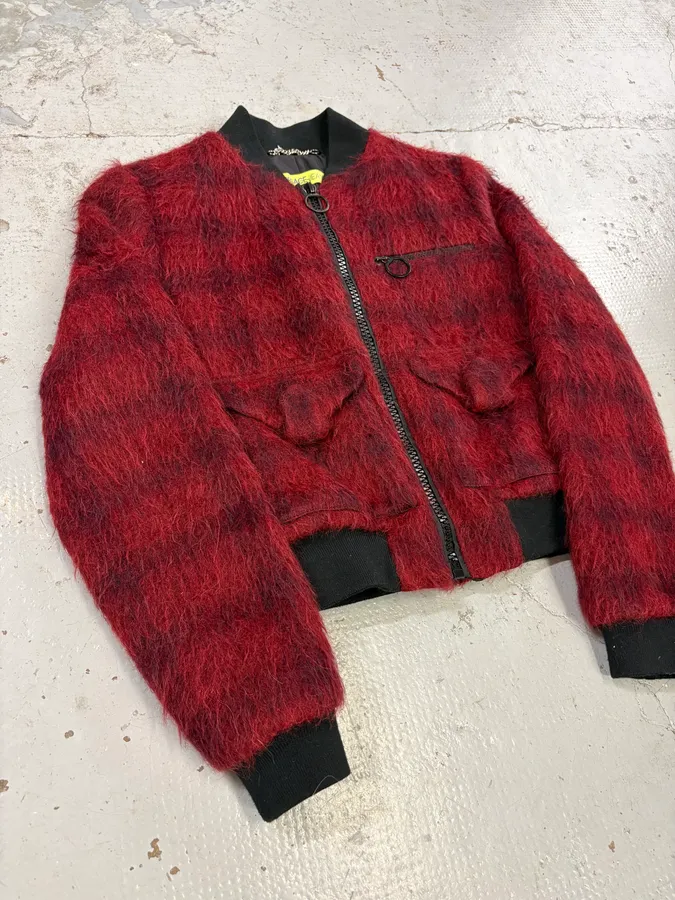2010s Versace Red & Black Squared Plushed Bomber Jacket - Image 5