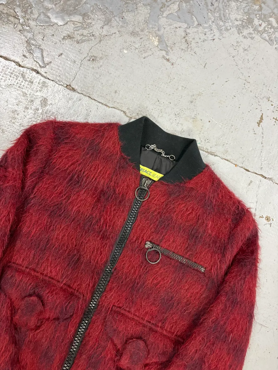 2010s Versace Red & Black Squared Plushed Bomber Jacket - Image 6