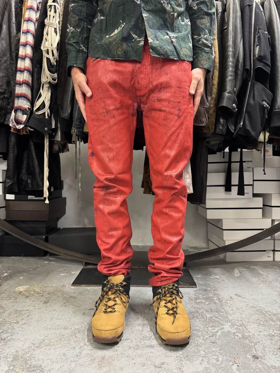 2012 Maison Margiela H&M Red Painted Slim Denim Jeans - Image 3