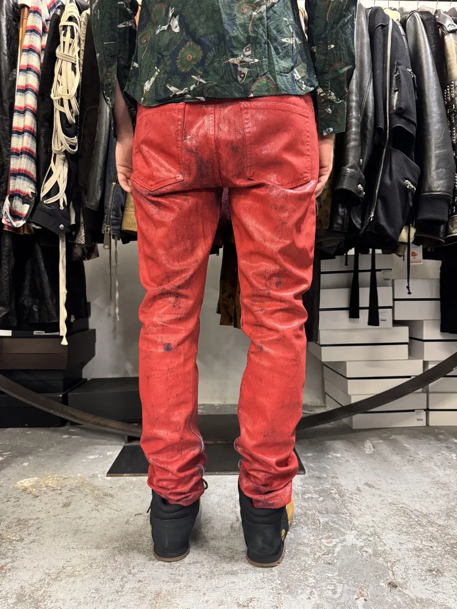 2012 Maison Margiela H&M Red Painted Slim Denim Jeans - Image 5